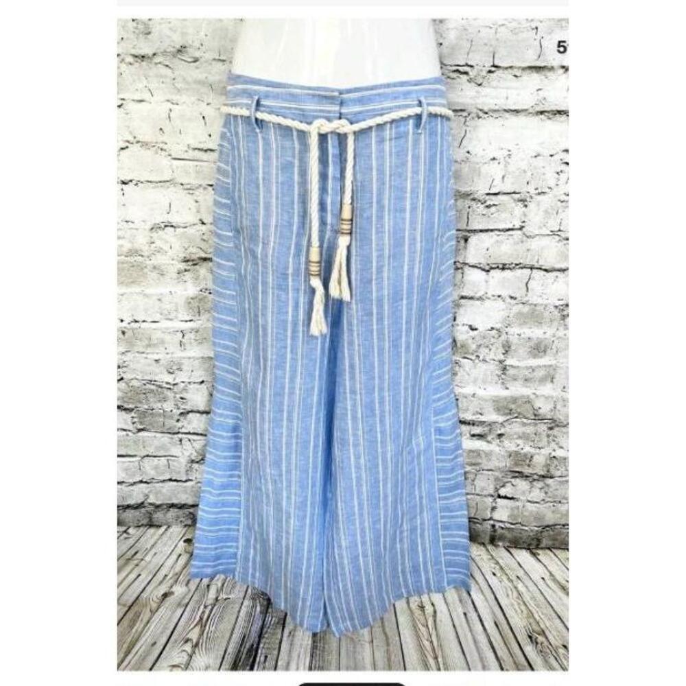 Anthropologie Pants Womens US 10 Light Blue Striped Wide Leg Tassel Belt Linen - Picture 6 of 10